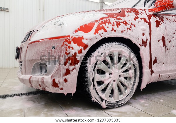 Bright Red Small Car Car Wash Stock Photo Edit Now 1297393333
