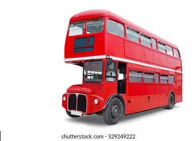 A bright red traditional London bus isolated over white            