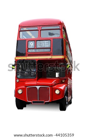 A bright red traditional London bus isolated over white