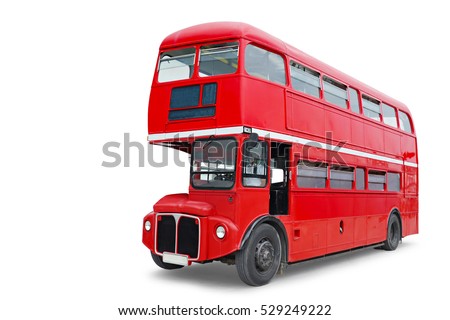 A bright red traditional London bus isolated over white            