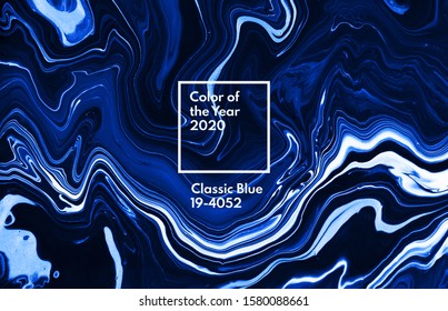 Bright resin art abstract background. Multicolor marble surface, mineral stone texture. Classic blue color of the year 2020 concept. Fluid, color liquid flow effect. Acrylic waves and swirls. - Shutterstock ID 1580088661