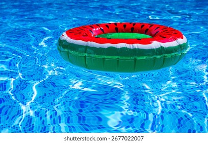A bright ring-a float, with a watermelon, in the clear blue water of the pool, under the sunlight