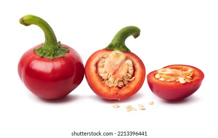 Bright ripe round red chili peppers cuts and seeds isolated white - Shutterstock ID 2213396441