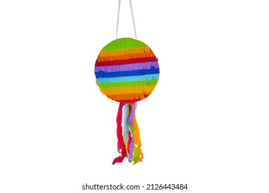 Bright Round Piñata Isolated On White Background With Copy Space