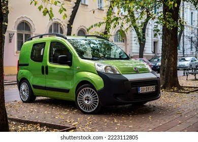 Bright Salad-green Third Generation Fiat Fiorino (Fiat Qubo, Citroen Nemo, Peugeot Bipper) Is Parked In Subotica, Serbia, 29.10.2022