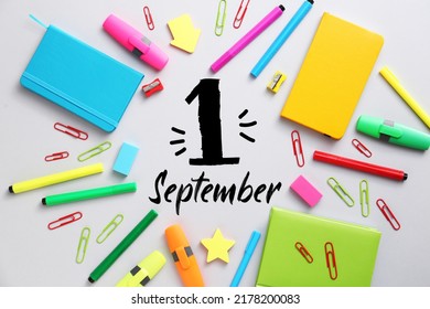 Bright school supplies and text 1 SEPTEMBER on light background