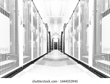 Bright Server Room Data Center Storage Interior. Black And White Toning