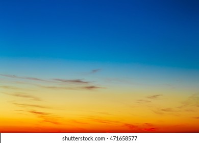 Bright Sky, Bright Blue, Orange And Yellow Colors Sunset Sunrise Dawn Sky Or Heaven