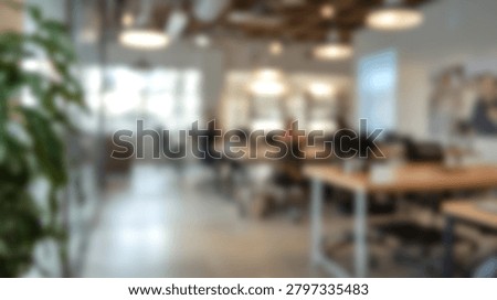 A bright and spacious open-plan office interior featuring contemporary desks, chairs, and lush green plants, creating a productive work environment.