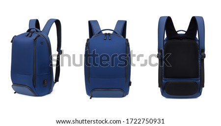 Bright sporty deep blue backpack, front view and back three quarters, blank, mock-up, clipping path isolated on white background