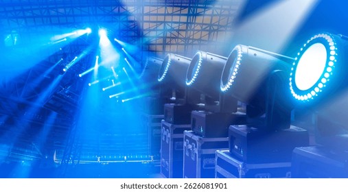 Bright stage lighting setup with multiple spotlights and beams illuminating an indoor concert venue, showcasing event lighting technology. – Event Production. Entertainment.