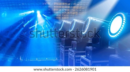 Bright stage lighting setup with multiple spotlights and beams illuminating an indoor concert venue, showcasing event lighting technology. – Event Production. Entertainment.