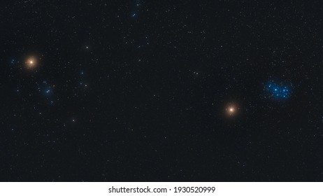 The bright star Aldebaran, the red planet Mars, and the Pleiades in the constellation Taurus, photographed on March 5th, 2021, from Ludwigshafen in Germany.