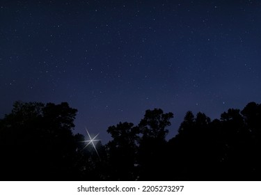 Bright Star Rising Above A Dark Forest For The Christmas Holiday In Raeford North Carolina