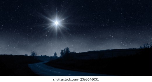 Bright star shines over the road at night. Birth of Jesus concept, Star of Bethlehem - Powered by Shutterstock