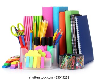 bright stationery and books isolated on white