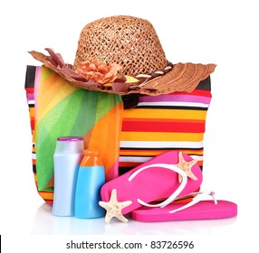 Bright Striped Beach Bag And Beach Items Isolated On White