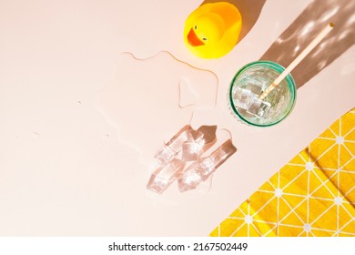 Bright Summer Background With Holiday Theme. Top Down Flat Lay View Of Sunny Backdrop With Copy Space And Beach Scene.