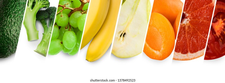 Bright Summer Food Collage, Fresh Green, Yellow And Orange Fruits And Vegetables, Panorama