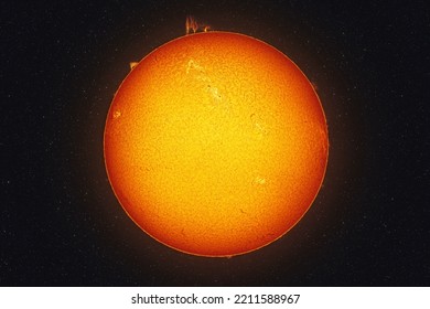 Bright Sun against dark starry sky in Solar System, with visible prominences, fibers, spicules, plage, spots and chromosphere. Amateur picture in H-alpha line. - Powered by Shutterstock