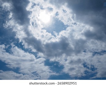 Bright sun shining through dramatic clouds in a blue sky, creating a powerful and atmospheric view of nature.