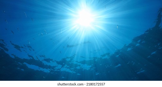 Bright sunlight with sunbeams under water surface in the sea with some small fish, natural scene, Mediterranean - Shutterstock ID 2180172557