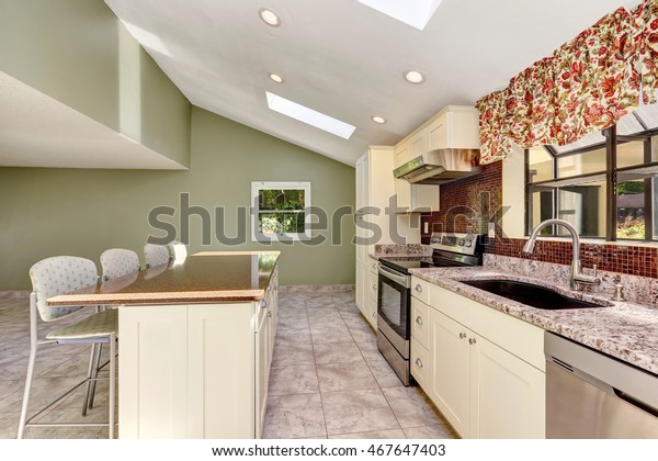 Bright Sunny Kitchen Vaulted Ceiling Skylights Stock Photo
