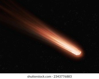 Bright tail of a comet on a black background. Large comet in space near the Earth. Astronomical image of a celestial object.