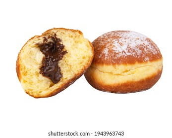 Bright tasty berliner donut ball with chocolate cream filling isolated on the white background