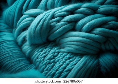 Bright turquoise woolen threads. Brains from yarn macro view knitting hobby needlework. Handmade natural rope skein warm clothes. Traditional knitting wool supplies