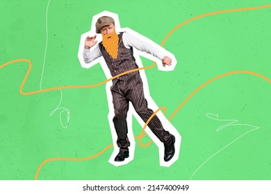 Bright Vaporware Sketch Pattern Of Feel Young Grandpa Dancing Energetic Isolated On Vibrant Green Color Background