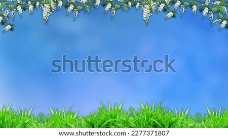 bright wallpaper with flowering branches of bird cherry and green grass on a blue background with beautiful bokeh, with an empty place to insert text