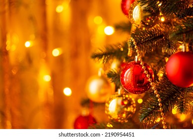 Bright warm colours, decorated christmas tree, garland lights. Christmas and new year concept, copy space