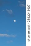 Bright white moon against a vivid blue sky with scattered soft clouds. A serene celestial view capturing the tranquility of the daytime moon