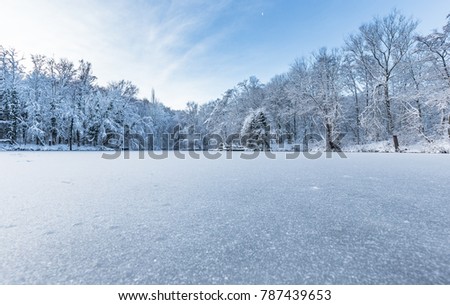 Bright winter scene of frozen pond and trees covered in snow in United Kingdom