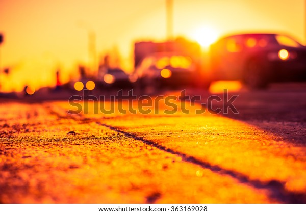 Bright winter sun in a big city, a stream of cars\
traveling on the road. View from the level of asphalt, image in the\
orange-purple toning