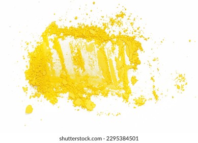 Bright yellow colored pigment. Loose cosmetic powder. Matte eyeshadow pigment isolated on a white background, close-up, top view. - Shutterstock ID 2295384501