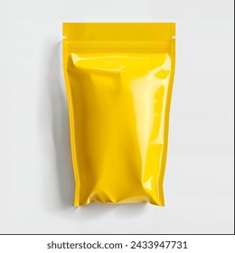 Bright yellow flexible packaging pouch mockup with a high gloss finish, crumpled texture for a realistic look, ideal for product packaging design presentations.