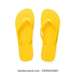 Bright yellow flip-flops on color background, top view. Summer concept