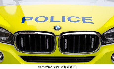 Bright Yellow Front Of Police Car, Exeter Devon UK November 21 2021