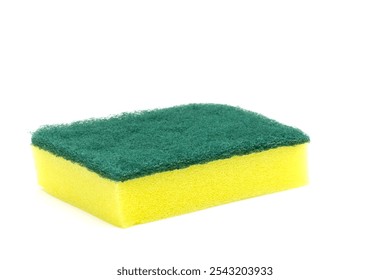 A bright yellow and green cleaning sponge isolated on a white background. The sponge is ideal for scrubbing and household cleaning tasks. - Powered by Shutterstock