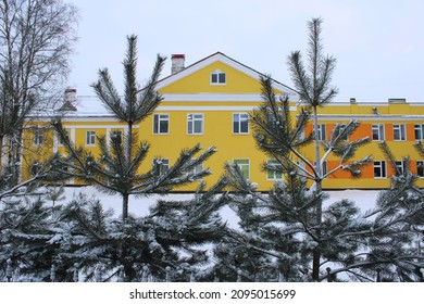 Bright Yellow House In Winter Park Through Tree Branches