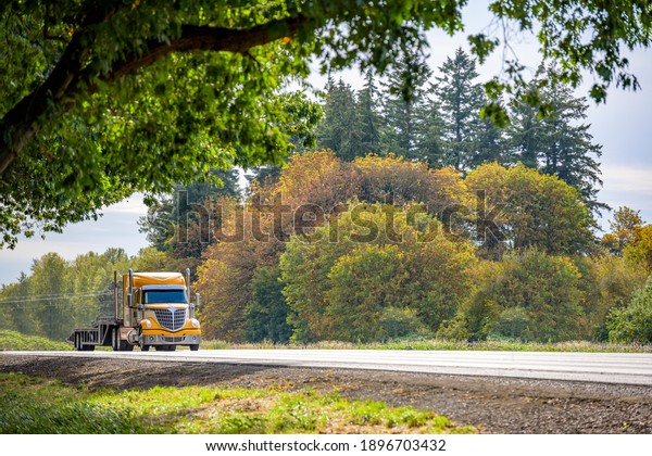 Bright yellow long hauler big rig red industrial\
semi truck transporting empty step down semi trailer running on the\
straight highway road with green trees on the side to warehouse for\
next load