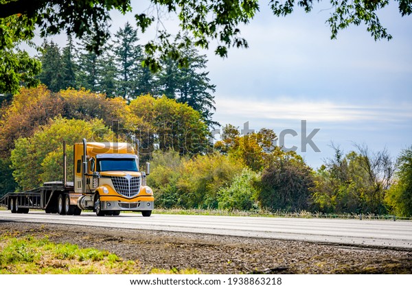 Bright yellow long hauler big rig red industrial
semi truck transporting empty step down semi trailer running on the
straight highway road with green trees on the side to warehouse for
next load