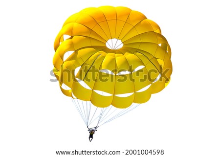 A bright yellow parachute on white background, isolated.