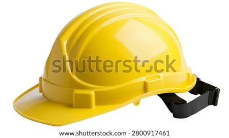 Bright yellow plastic construction hard hat with black adjustable chin strap