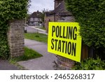 Bright yellow polling station sign for voting in British General Election and local elections