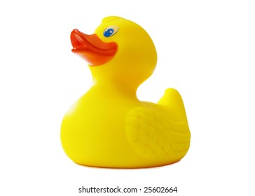 Bright Yellow Rubber Ducky. Isolated On White.