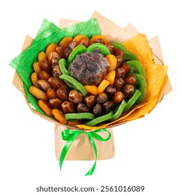 Brightly arranged bouquet made of dried fruits, including dates, apricots, kiwi slices, and cranberries, wrapped in paper with vibrant green, orange accents. Perfect for decorative edible arrangements - Powered by Shutterstock