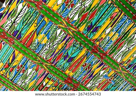 Brightly Colored Abstract Pattern Featuring Symmetric Decorative Elements and Floral Motifs
